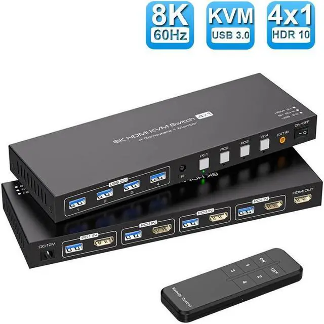 LUOM 4X1 HDMI KVM Switch 1 Monitors 4 Computers Display Port 8K HDMI KVM Switch 4 Port KVM HDMI Switch 4 PC 1 Monitor 4 in 1 Out HDMI KVM Comes with Wired Controller