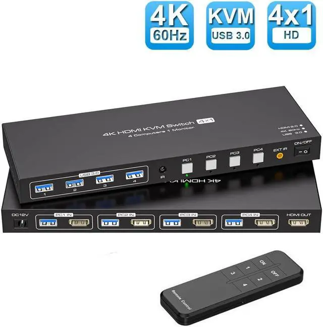 LUOM 4X1 HDMI KVM Switch 1 Monitors 4 Computers Display Port 4K HDMI KVM Switch 4 Port KVM HDMI Switch 4 PC 1 Monitor 4 in 1 Out HDMI KVM Comes with Wired Controller