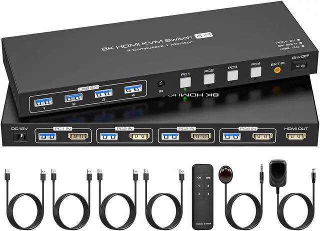 LUOM 8K HDMI KVM Switch 1 Monitors 4 Computers 4 USB 3.0 Ports HDMI 2.1 Switch for 4 Computers Share Keyboard Mouse Printer and one HDMI Monitor Support 8K 60Hz 4K 244Hz with Wired Controller