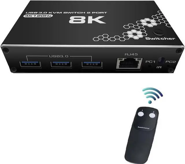LUOM 8K USB HDMI KVM Switch 2 in 1 Out 2 Computers 1 Monitor Share 1*rj45 Port 3*USB3.0 Port Keyboard Mouse Printer Switcher Switch