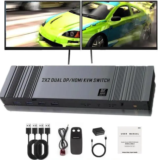 LUOM Dual Monitor KVM Switch HDMI+Displayport 2 Port 8K 60Hz USB HDMI Extended Display Switcher for 2 Computers Share 2 Monitors and 4 USB 2.0 Hub Remote Control and USB HDMI Cables Included