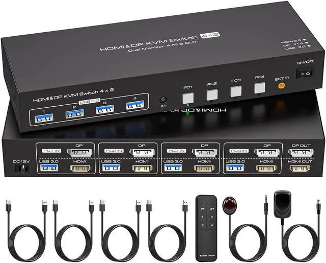 LUOM HDMI+DisplayPort KVM Switch 2 Monitors 4 Computers with 4 USB 3.0 Hub 4K 60Hz Ultra HD Resolution Dual Monitor KVM Switch HDMI2.0 DP1.4 Via Button Switch Plug and Play