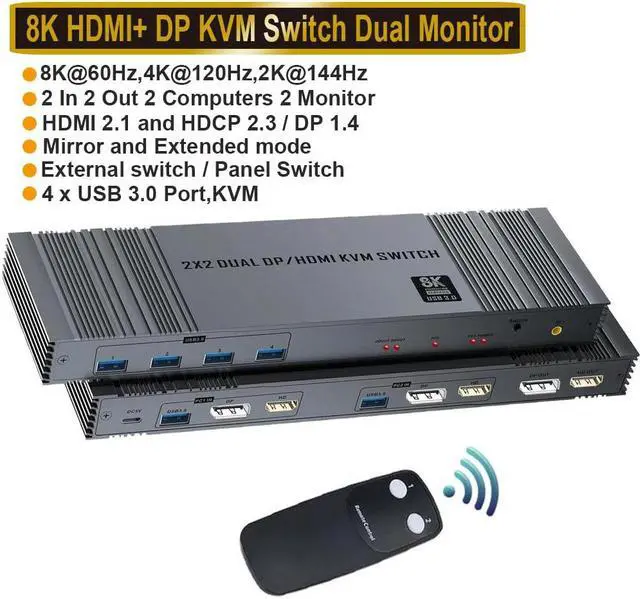 LUOM HDMI DP KVM Switch with Remote Control Dual Monitor 2 Port 8K 60Hz 2 Monitors 2 Computers USB 3.0 KVM Switcher PC Extended Display for 4 USB Devices Like Mouse Keyboard Printer Gamepad