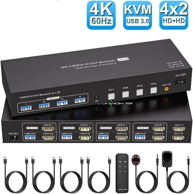 LUOM HDMI+HDMI USB kvm Switch 4 Computers 2 Monitors 4K 60hz USB 3.0 kvm switches Dual Monitor for 4 PC Share 2 Monitors and 4 USB3.0 Devices with Remote Control