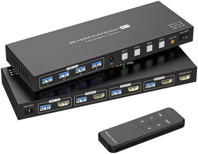 LUOM HDMI KVM Switch 8K 60Hz 4K 144Hz HDMI KVM Switch 1 Monitor 4 Computers Share 4 USB3.0 Keyboard Mouse Printer for Esports Gaming 3D Graphics Video Wired Controller & USB Cable