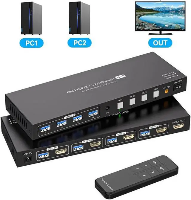 LUOM HDMI USB 3.0 Monitor KVM Switch HDMI 8K 60Hz 4K 120Hz HDMI Extended Display Switcher for 4 Computers Share 1 Monitors and 4 USB 3.0 Ports Wired Controller and 4 Cables Included