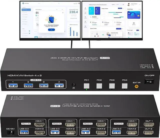 LUOM USB3.0 HDMI+HDMI KVM Switch 2 Monitors 4 Computers 4K 60Hz 2K 120Hz Dual Monitor KVM Switch for 4 Computers Share 2 Displays and 4 USB 3.0 Ports Wireless Remote and Cables