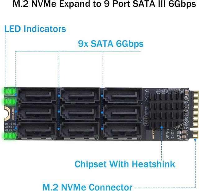M.2 To SATA Adapter [9-Port] RIITOP M.2 NVMe To SATA III 6Gbps Card For HDD SSD