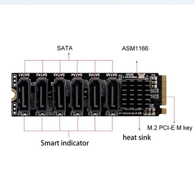 M2 NVME PCI-E PCIE 3.0 To 6 Port 3.0 SATA Adapter Card ASM1166 6Gbps M-Key Chassis PC Computer Expansion Card Converter