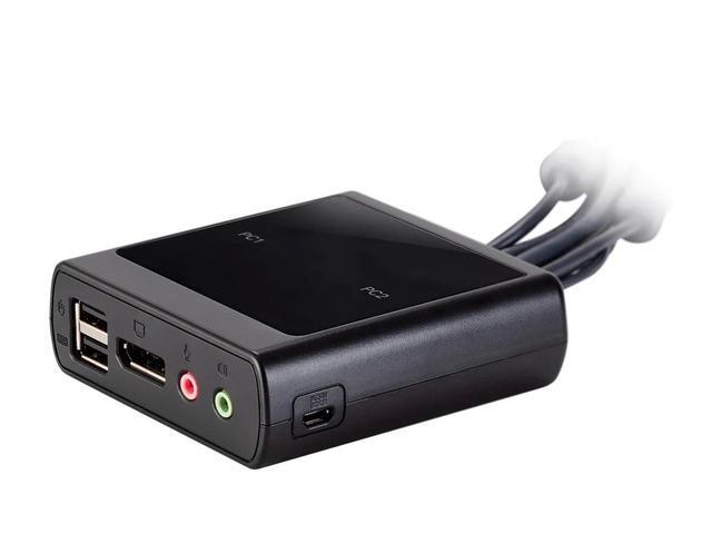 Monoprice 2-Port USB DisplayPort Cable KVM Switch 4096x2160 30Hz With Remote Port Selector Supports Microphone And Speakers