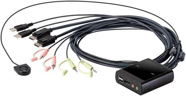 Monoprice 2-Port USB DisplayPort Cable KVM Switch 4096x2160 30Hz With Remote Port Selector Supports Microphone And Speakers
