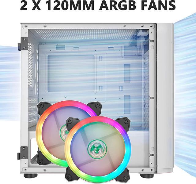 MOROVOL MESH Micro-ATX Tower 2 PCS 120MM ARGB Fans Computer Case USB 3.0 Ports Opening Tempered Glass Panel & Mesh Front Panel Airflow Gaming PC Case (White)