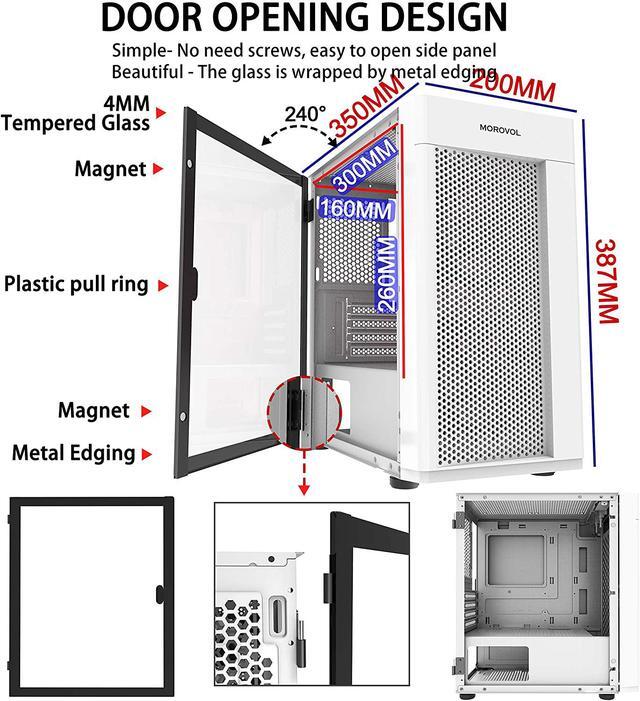 MOROVOL MESH Micro-ATX Tower 2 PCS 120MM ARGB Fans Computer Case USB 3.0 Ports Opening Tempered Glass Panel & Mesh Front Panel Airflow Gaming PC Case (White)