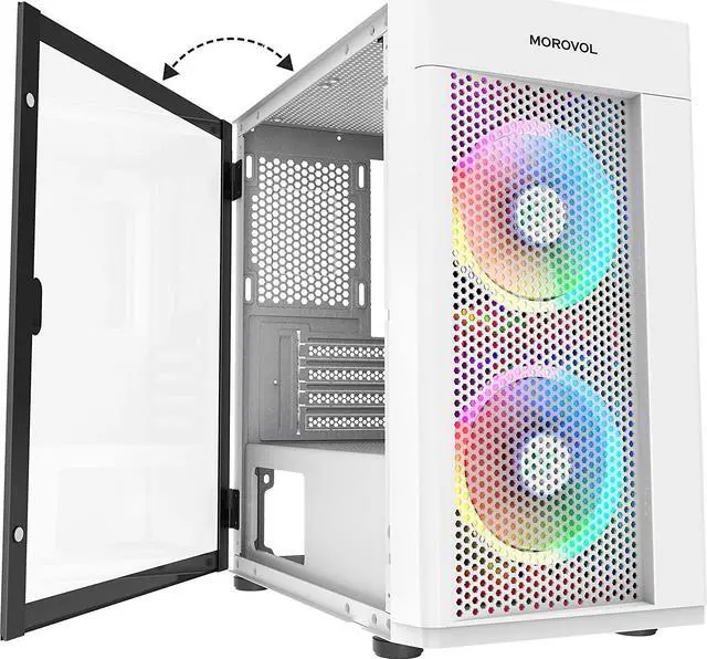 MOROVOL MESH Micro-ATX Tower 2 PCS 120MM ARGB Fans Computer Case USB 3.0 Ports Opening Tempered Glass Panel & Mesh Front Panel Airflow Gaming PC Case (White)