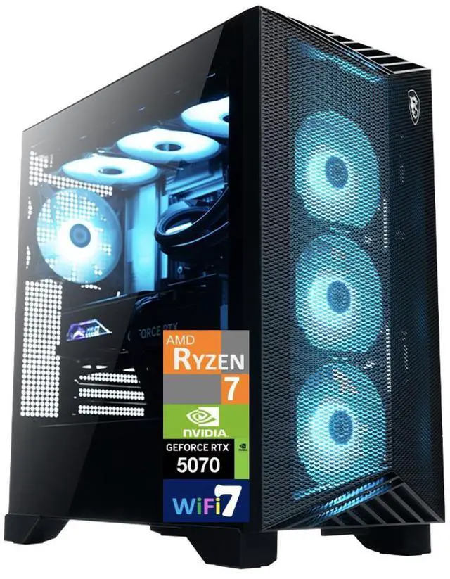 MSI Aegis AI Gaming Desktop PC (AMD Ryzen 7 9700X GeForce RTX 5070 12GB GDDR7 32GB DDR5 2TB SSD RGB Fans 360mm AIO 750W PSU WiFi 7 Bluetooth 5.4 RJ-45 3 Display Port HDMI Win 11 Home)