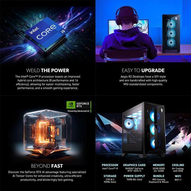 MSI AER2A14NVR91 Aegis R2 Gaming Desktop - Intel Core I9 14900F - NVIDIA GeForce RTX 5070 Ti - 32GB/2TB SSD