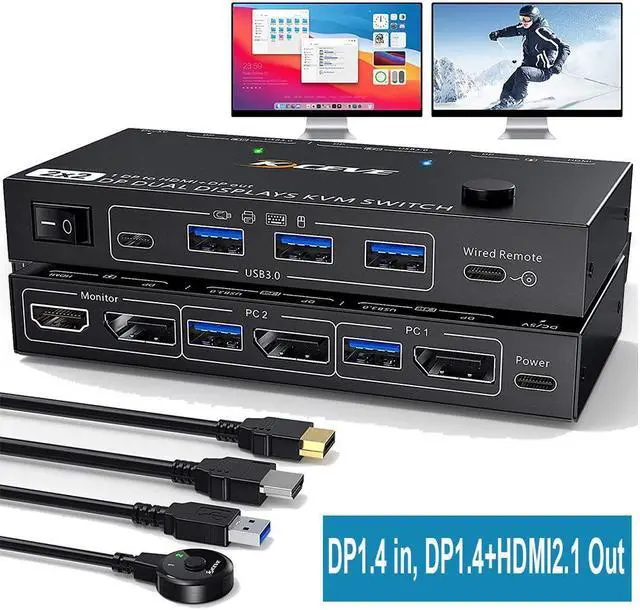 MST Displayport KVM Switch 2 Monitors 2 Computers 4K 144Hz (1 DP in DP+HDMI Out) Dual Monitor KVM Switch Displayport 1.4 with 4 USB 3.0 Port for USB Device Wired Remote and 4 Cables Included