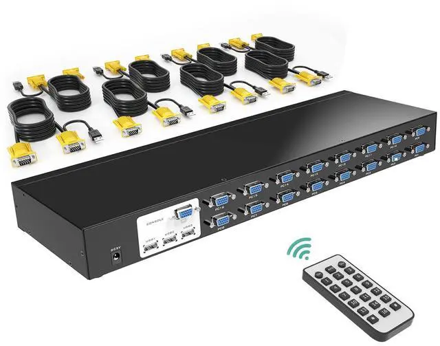 MT-VIKI 16 Port KVM Switch 16X1 Rackmount KVM Switch VGA Included 16 KVM Cables & IR Remote Fit 1U 19'' Rack