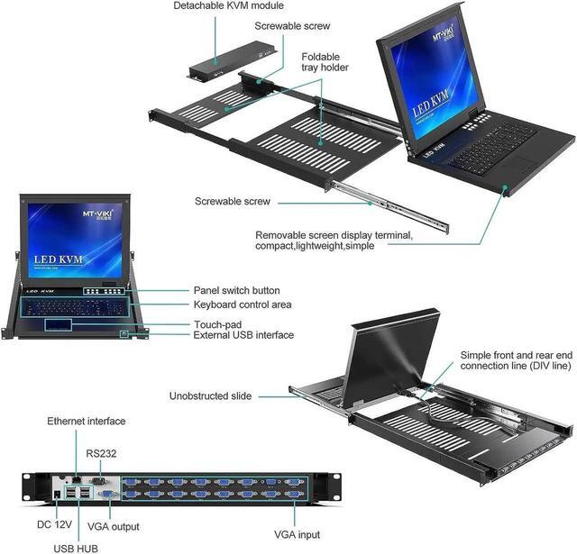 MT-VIKI 16 Port Rack Mount KVM Over IP Remote Access IP KVM Console W/17'' LCD Monitor 1 Local & 1 Remote Access Included 16 KVM Cables