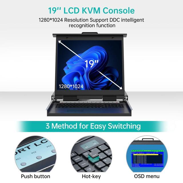 MT-VIKI 19'' LCD KVM Console 16 Port VGA KVM Switch W/Keyboard+Monitor+Mouse+Drawer+Touchpad Support OSD/Hotkey/Panel Button Switching (Included 16 KVM Cables)