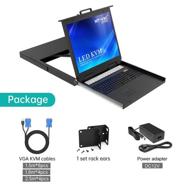MT-VIKI 19'' LCD KVM Console 16 Port VGA KVM Switch W/Keyboard+Monitor+Mouse+Drawer+Touchpad Support OSD/Hotkey/Panel Button Switching (Included 16 KVM Cables)
