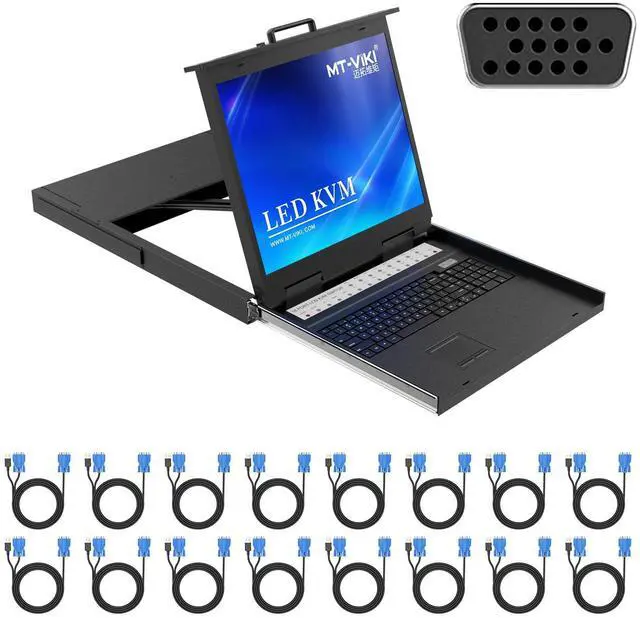 MT-VIKI 19'' LCD KVM Console 16 Port VGA KVM Switch w/Keyboard+Monitor+Mouse+Drawer+Touchpad Support OSD/Hotkey/Panel Button Switching (Included 16 KVM Cables)