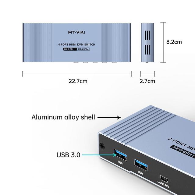 MT-VIKI 4K 120Hz/144Hz USB 3.0 HDMI KVM Switch 4 Port 8K 60Hz Aluminum KVM Switch HDMI 2.1 HDR For Games (4 USB 3.0 Cable Included)