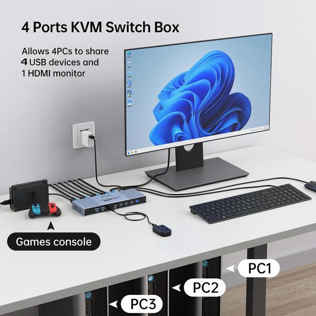 MT-VIKI 4K 120Hz/144Hz USB 3.0 HDMI KVM Switch 4 Port 8K 60Hz Aluminum KVM Switch HDMI 2.1 HDR For Games (4 USB 3.0 Cable Included)
