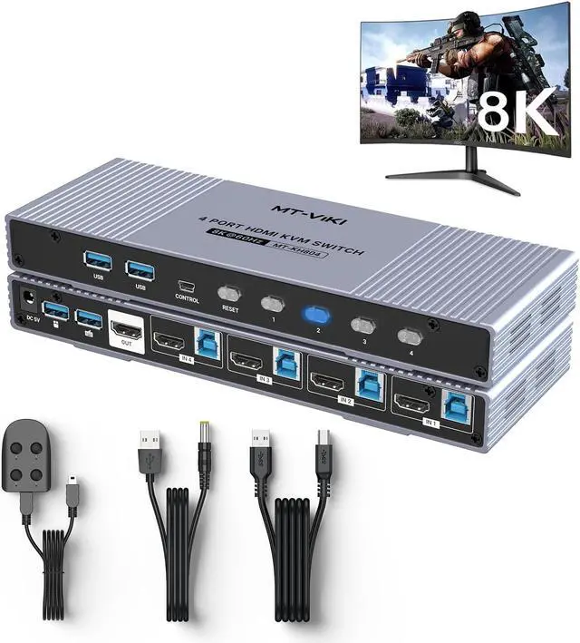 MT-VIKI 4K 120Hz/144Hz USB 3.0 HDMI KVM Switch 4 Port 8K 60Hz Aluminum KVM Switch HDMI 2.1 HDR for Games (4 USB 3.0 Cable Included)
