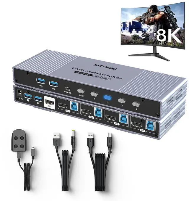 MT-VIKI 4K 120Hz/144Hz USB 3.0 HDMI KVM Switch 4 Port 8K 60Hz Aluminum KVM Switch HDMI 2.1 HDR for Games (4 USB 3.0 Cable Included)