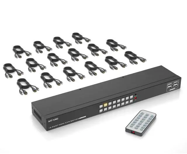 MT-VIKI 4K 16 Port KVM Switch HDMI 4K 30Hz Rack Mount KVM Console w/16 Cables + 4 USB 2.0 Devices + IR Remote Support EDID Storage HDMI 1.4 HDCP 1.4 for 16 Computers/Servers Fit 1U 19'' Rack