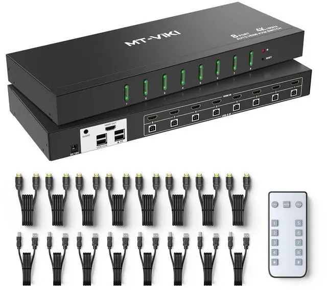 MT-Viki 4K 60Hz 8 Port KVM Switch HDMI w/3.5mm Audio 1U Rack Mount KVM HDMI Switcher Support Button/Hotkey/IR Remote Switch 8 Pack Cables & Rack Ears Included