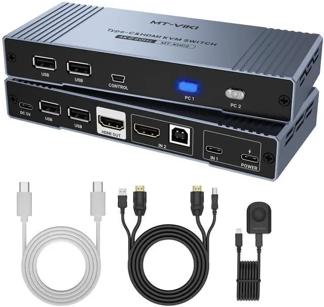 MT-VIKI 4K Hybrid Type USB C HDMI KVM Switch 2 Port 4K 60Hz for Apple MacBook & Desktop PC + 65W PD+ Cables