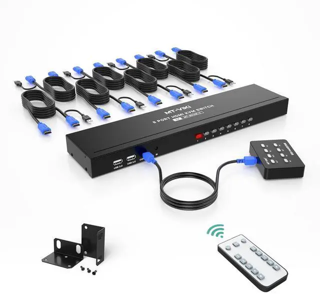MT-VIKI 8 Port KVM Switch HDMI 4K 30Hz 1U Rack Mount KVM Switch w/IR Remote & Wire-Desktop Controller & 8 HDMI KVM Cables & Rack Ears & Power Adapter