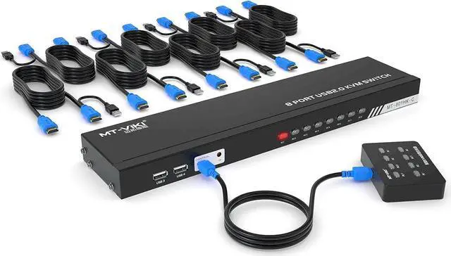 MT-VIKI 8 Port KVM Switch HDMI 4K 30Hz 1U Rack Mount KVM HDMI Switch w/IR Remote & Wire-Desktop Controller & 8 HDMI KVM Cables & Rack Ears