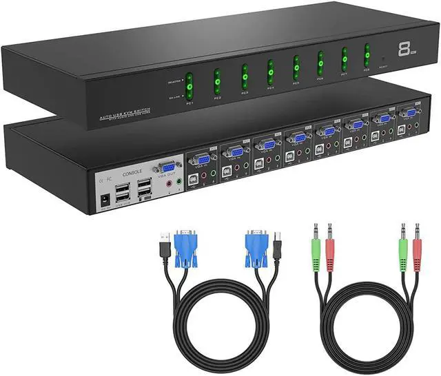 MT-VIKI 8 Port KVM Switch VGA 1U Rack Mount KVM Switch VGA with Audio & Cables Support OSD/Hotkey/Auto scanning