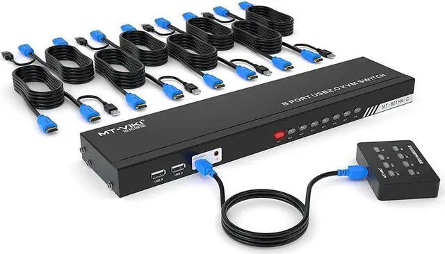 MT-VIKI 8 Ports KVM Switch HDMI 4K 30Hz Rack Mount HDMI KVM Switch 8 in 1 Out w/KVM Cables & IR & Desktop Control & 4 USB 2.0 Hub
