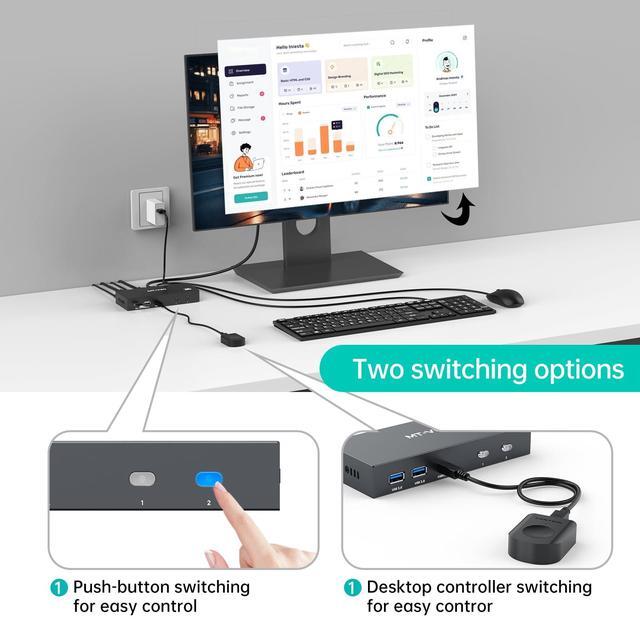 MT-VIKI 8K Displayport KVM Switch 2 In 1 Out DP1.4 With 4 USB 3.0 Ports Support 8K 60Hz 4K 144Hz Share 1 Monitor Keyboard Mouse U-Disk Printer With 2 USB A To C Cables