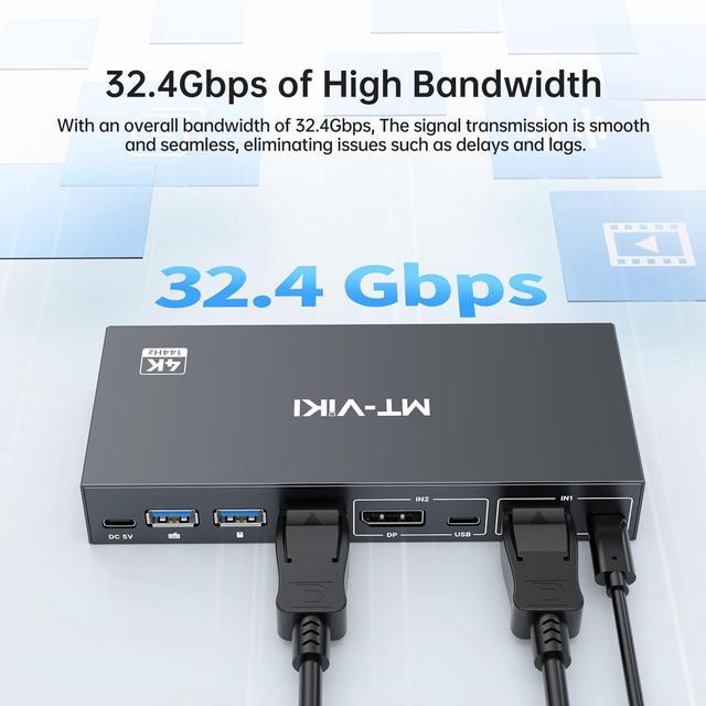 MT-VIKI 8K Displayport KVM Switch 2 In 1 Out DP1.4 With 4 USB 3.0 Ports Support 8K 60Hz 4K 144Hz Share 1 Monitor Keyboard Mouse U-Disk Printer With 2 USB A To C Cables