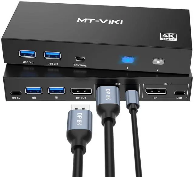 MT-VIKI 8K Displayport KVM Switch 2 in 1 Out DP1.4 with 4 USB 3.0 Ports Support 8K 60Hz 4K 144Hz Share 1 Monitor Keyboard Mouse U-Disk Printer with 2 USB A to C Cables