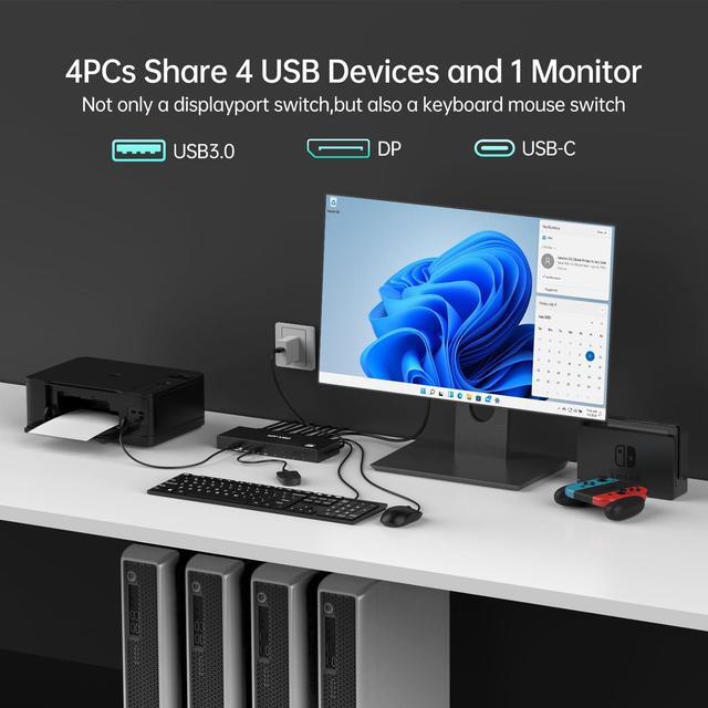 MT-VIKI 8K Displayport KVM Switch 4 In 1 Out DP1.4 With 4 USB 3.0 Ports Support 8K 60Hz 4K 144Hz Share 1 Monitor Keyboard Mouse U-Disk Printer With 4 USB A To C Cables