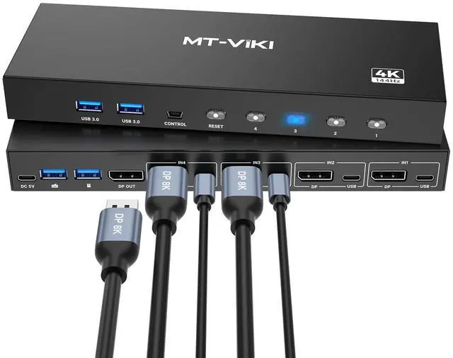 MT-VIKI 8K Displayport KVM Switch 4 in 1 Out DP1.4 with 4 USB 3.0 Ports Support 8K 60Hz 4K 144Hz Share 1 Monitor Keyboard Mouse U-Disk Printer with 4 USB A to C Cables