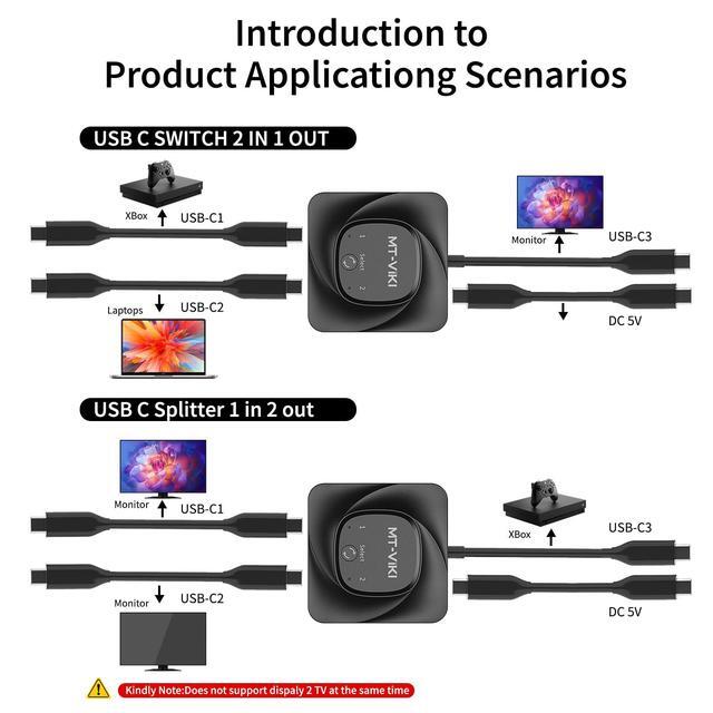 MT-VIKI 8K60Hz Bidirectional USB C Switch 2 In 1 Out Type C Switcher 1 In 2 Out 4K 120Hz 10Gbps Data Transmission PD 100W Charging