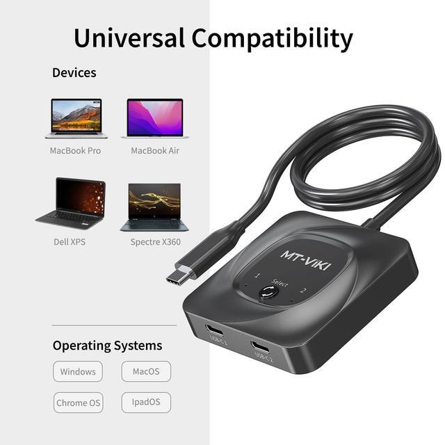 MT-VIKI 8K60Hz Bidirectional USB C Switch 2 In 1 Out Type C Switcher 1 In 2 Out 4K 120Hz 10Gbps Data Transmission PD 100W Charging