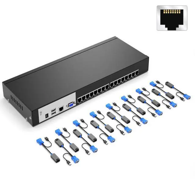 MT-VIKI CAT6 Rack Mount KVM 16 Port VGA KVM Console Over CAT6 Cable Included 16 USB VGA to Cat6 Dongles