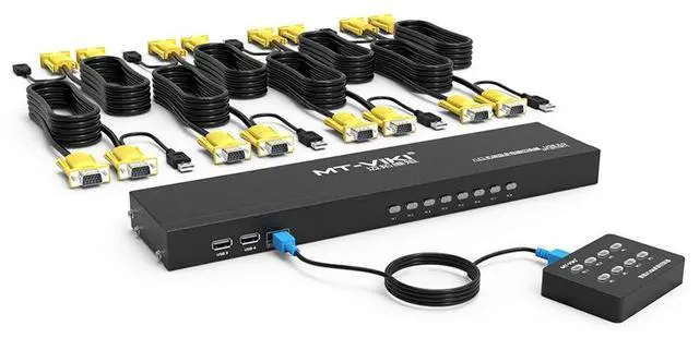 MT-VIKI KVM Switch 8 Port 8X1 Rackmount KVM Switch VGA Included 8 2-in-1 KVM Cables & Wire-Desktop Selector & Power Adapter Fit 1U 19'' Rack