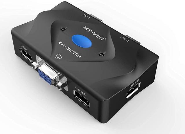 MT-VIKI KVM Switch VGA 2 Port KVM Switch Console With 3 USB Hub + 2 In1 Cables + Desktop Selector