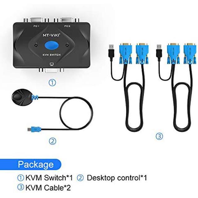 MT-VIKI KVM Switch VGA 2 Port KVM Switch Console With 3 USB Hub + 2 In1 Cables + Desktop Selector