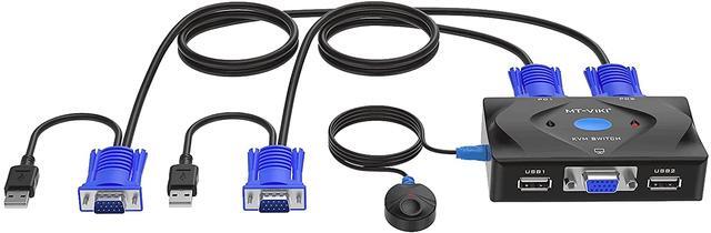 MT-VIKI KVM Switch VGA 2 Port KVM Switch Console With 3 USB Hub + 2 In1 Cables + Desktop Selector