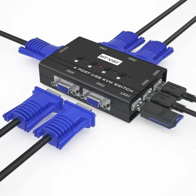 MT-VIKI KVM Switch VGA 4 Port KVM Switch for 4 Computers Share One Monitor Keyboard Mouse Printer 3 USB 2.0 Hub Included 4 VGA KVM Cables